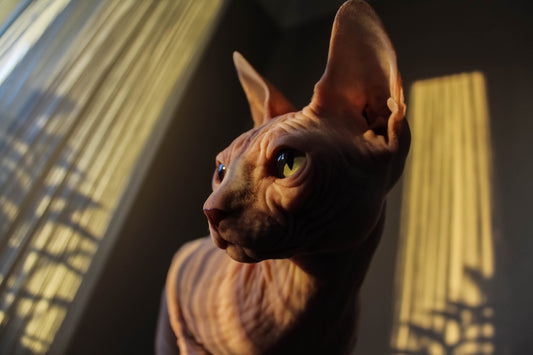 Close-up of a Sphynx cat with green eyes, highlighted by sunlight streaming through blinds, showing its unique hairless skin and large ears